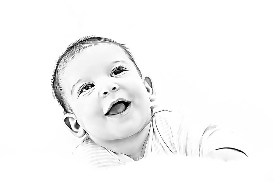 प्यारा, बच्चा, चित्र, बेबी, हर्ष, खिचड़ी भाषा का, आनंद, काला और सफेद, हंसी, छोटा, शिशु