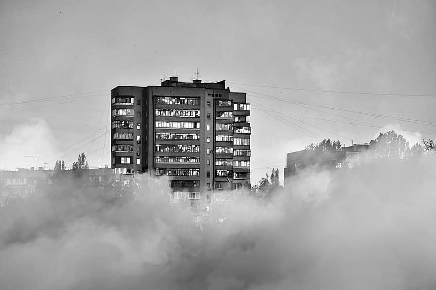 edificio, rascacielos, papel pintado, monocromo, arquitectura, en blanco y negro, exterior del edificio, paisaje urbano, estructura construida, niebla, clima