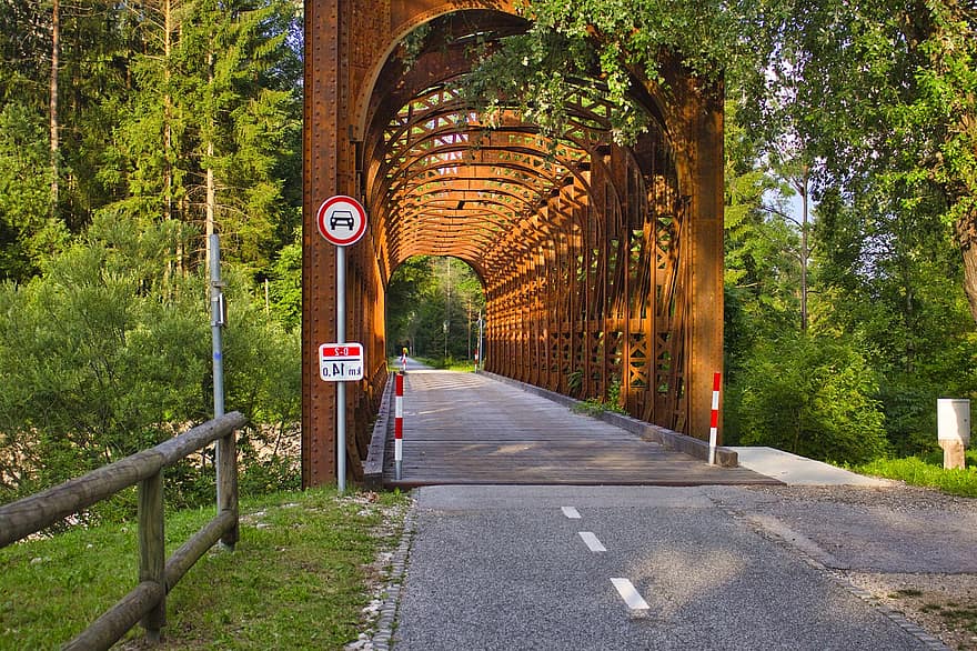 most, Droga, stalowy most, znak drogowy, ścieżka rowerowa, ścieżka, Struktura, krajobraz, na dworze, drzewa, las