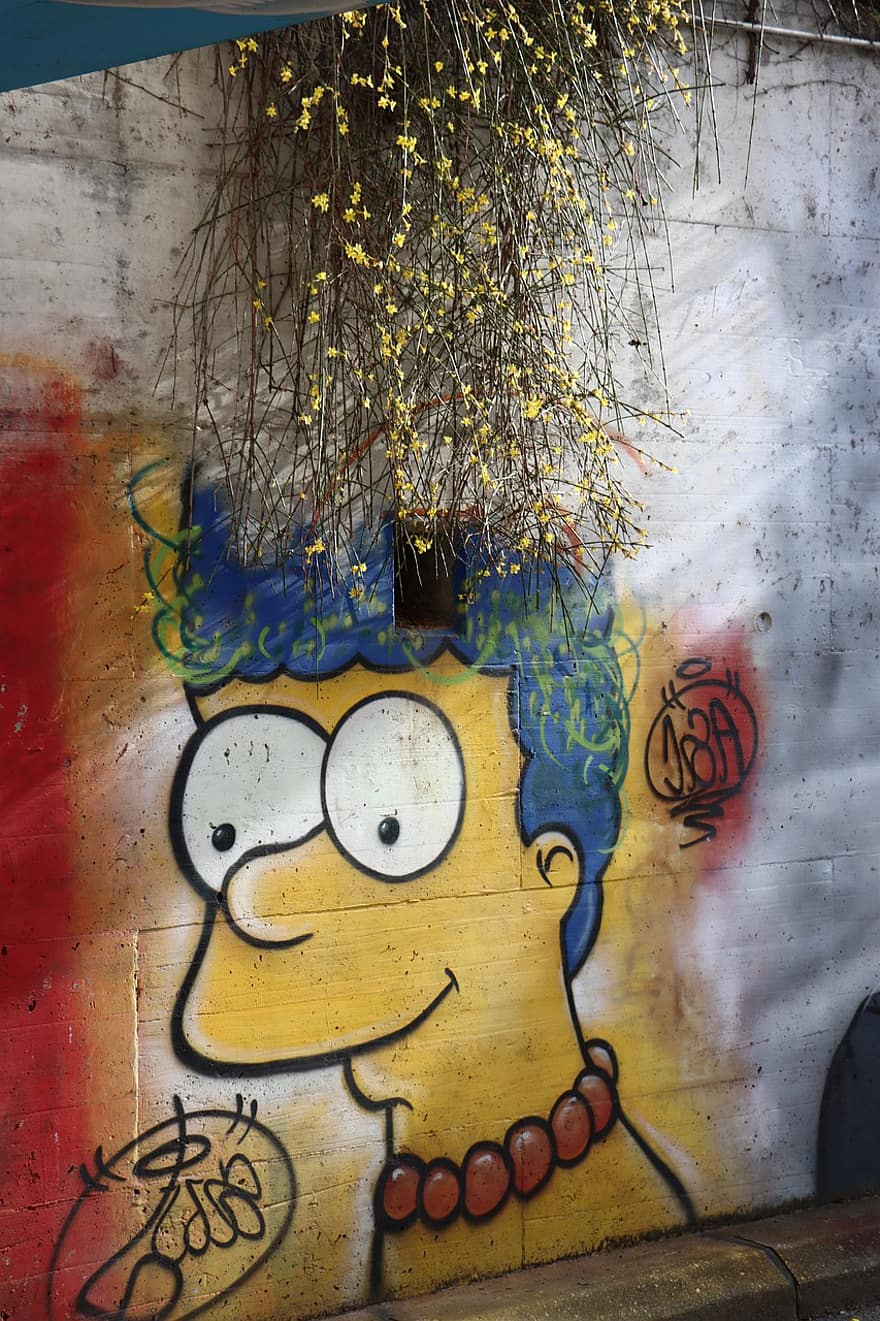 marge simpson, graffiti, plantes, cabell, dibuixos animats, art mural, art de carrer, multicolor, diversió, llauna de polvorització, polvoritzador