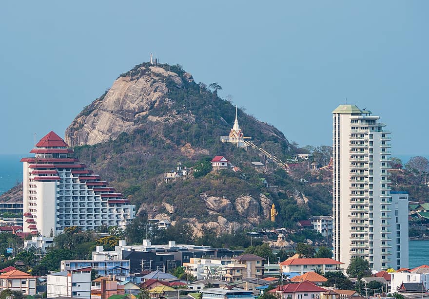 hua hin, Thaïlande, ville, colline, immeubles, bord de mer, côte, Khao Takiab