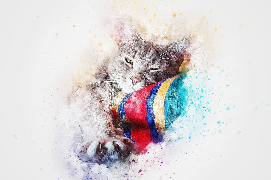 kaķis, kaķēns, dzīvnieku, māksla, abstrakts, akvarelis, vintage, krāsains, pet, raksturs, t-krekls