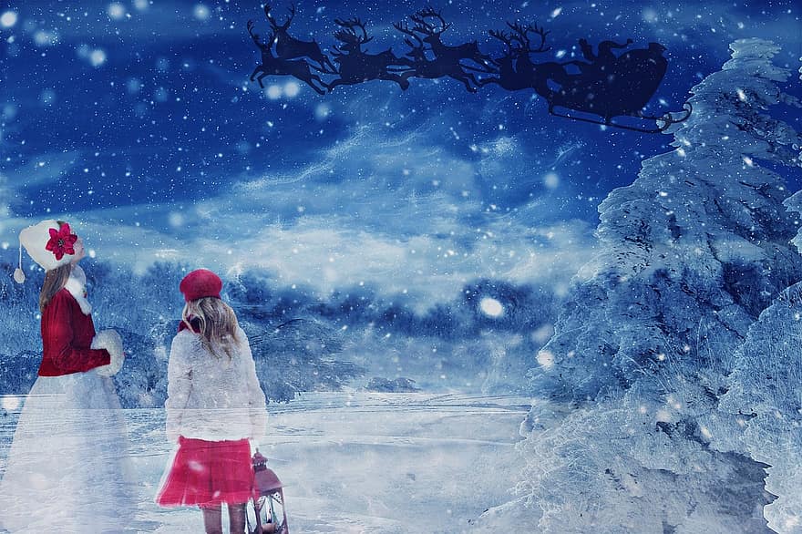 Christmas, Santa Claus, Nicholas, Reindeer Sleigh, Snow, Snow Landscape, Girl, Children, Lantern, Candle, Muff