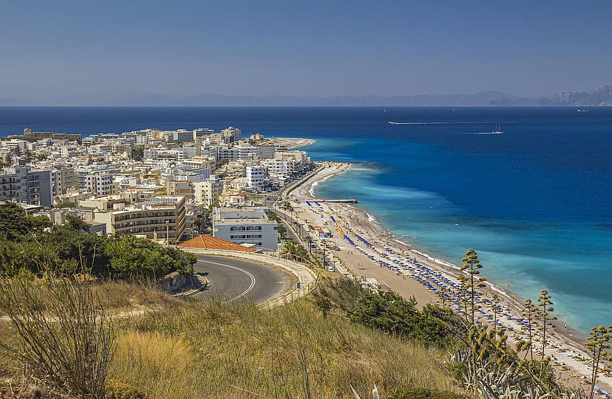 Rhodes, Görögország, sziget, Európa, tenger, város, tengerpart, nyári, utazás, kék, vakáció