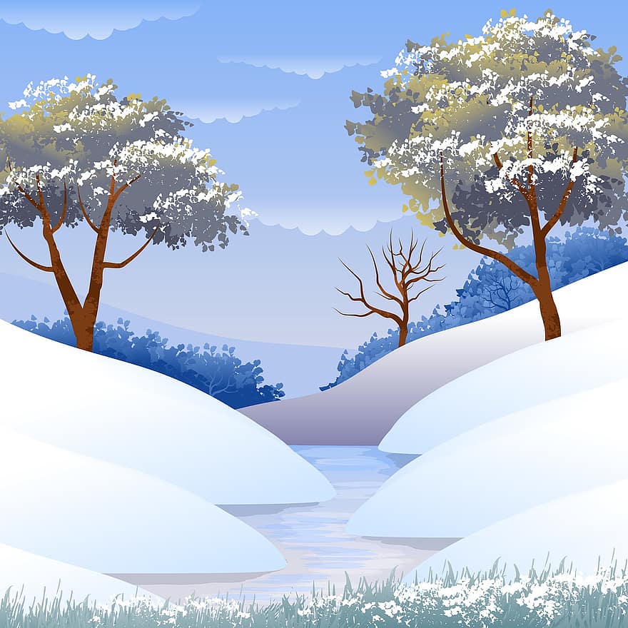 il·lustració, paisatge, naturalesa, hivern, neu, fred, rio, aigua, blau, art, disseny