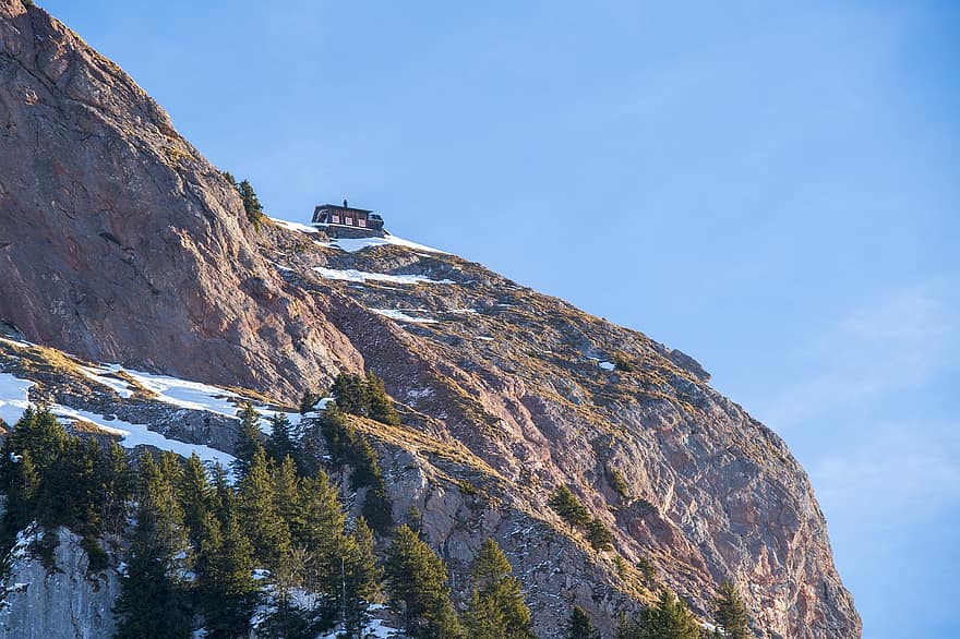 Munte, cabină, iarnă, zăpadă, roci, copaci, Alpi, natură, peisaj, Brunni, cantonul Schwyz
