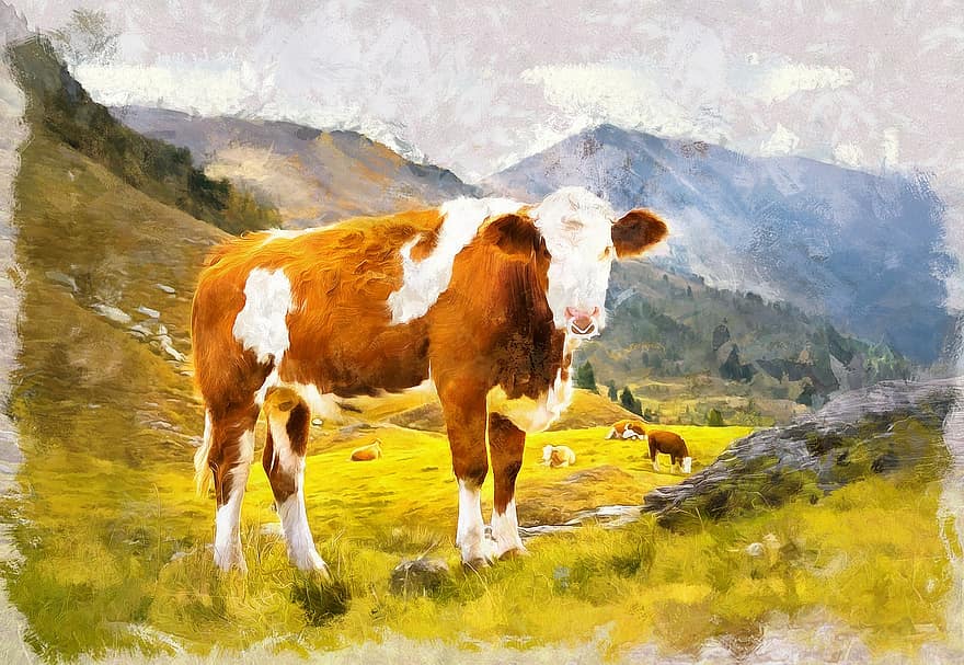 mucca, montagna, paesaggio, natura