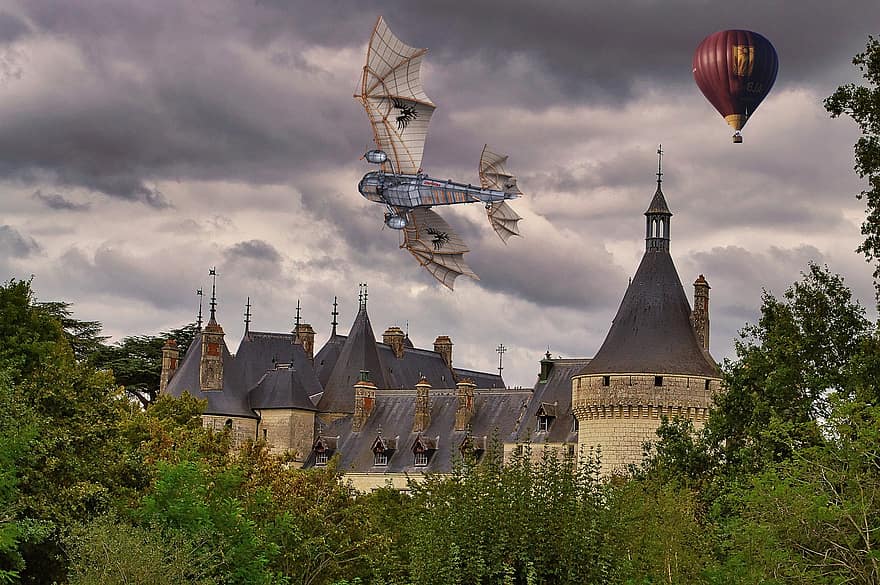 bakgrunn, fantasi, surrealist, foto montasje, chateau, varmluftsballong, fly, skyet, digital kunst