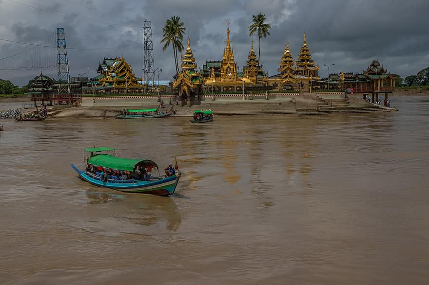 rivière, bateau, bâtiment, pagode, temple, Bouddha, Yangon, Myanmar, Asie, Birmanie, bouddhisme