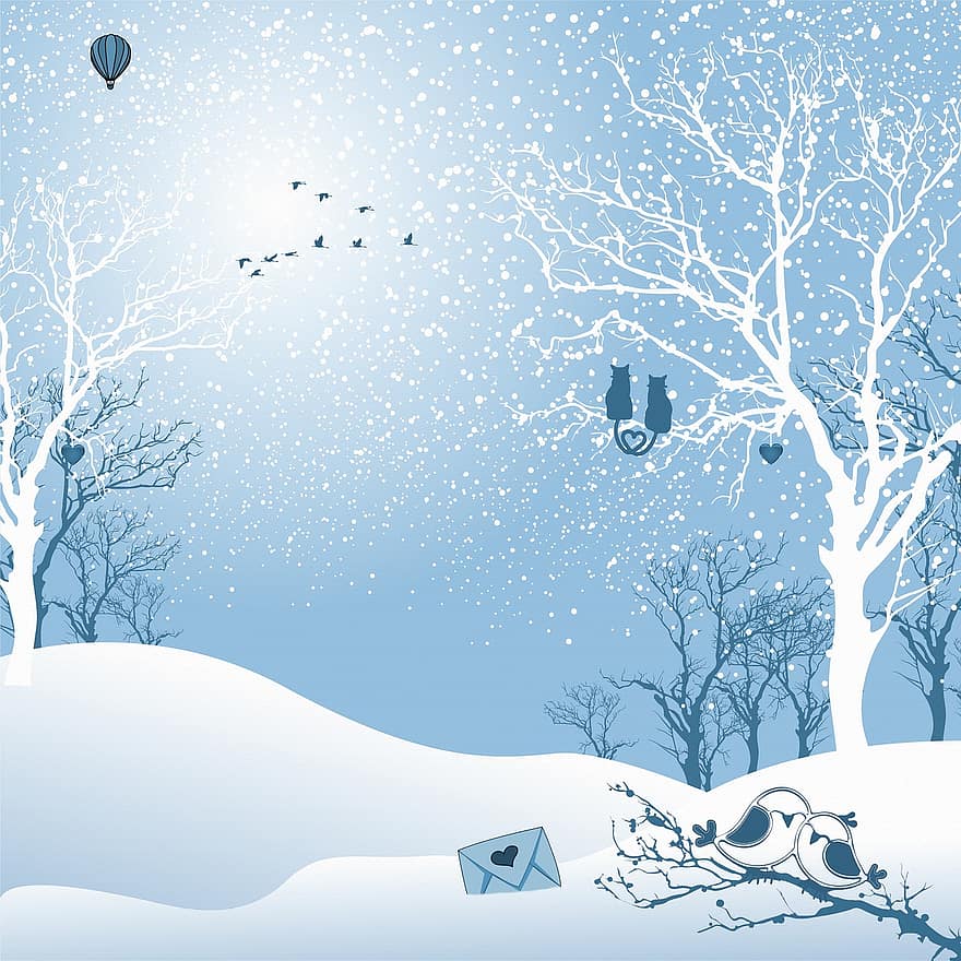 Ημέρα του Αγίου Βαλεντίνου, ευχετήρια κάρτα, χειμώνας, τοπίο, χιόνι, αγάπη, αγάπη χαιρετισμό, πουλιά, Γάτα, των ζώων, δέντρα