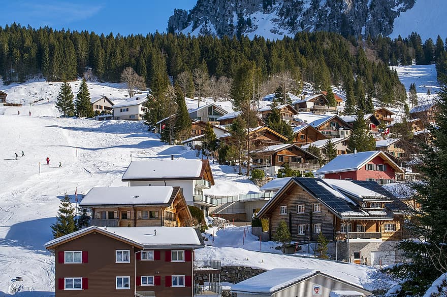 Швейцария, зима, къщи, Кантон Бруни Швиц, дървета, сняг, небе, природа, планина, бунгало, къщичка