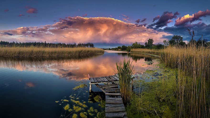 rivier-, natuur, zonsondergang, novomoskovsk, Oekraïne, steiger, samara, landschap, panorama, hemel, wolken