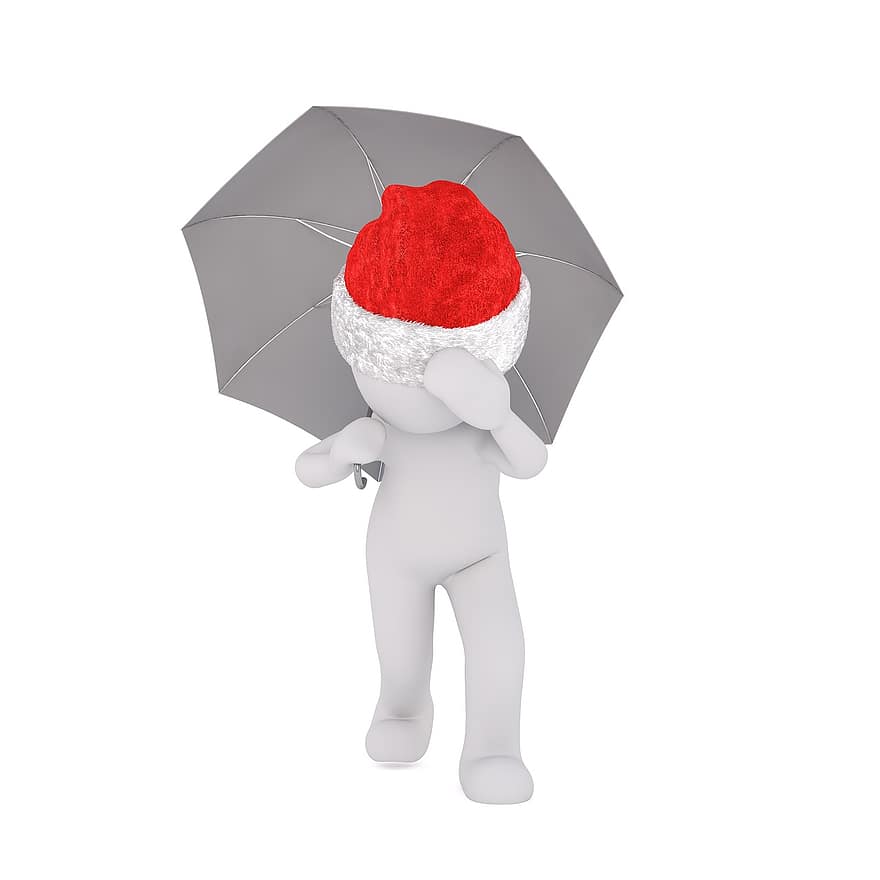 Kerstmis, blanke man, volledige lichaam, kerstmuts, 3d model, figuur, geïsoleerd, paraplu, regen, scherm, nat