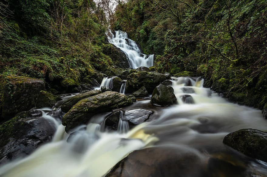 Wasserfälle, Felsen, Wald, fließen, fließend, fließendes Wasser, kaskadierend, torrent, Irland, Kerry, Killarney