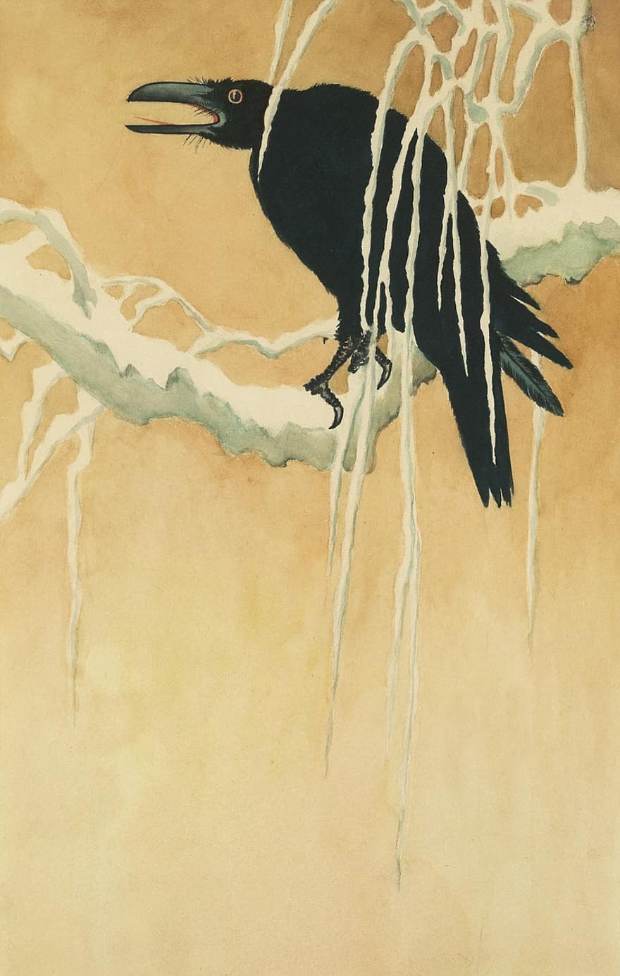 acquerello, arte, pittura, Vintage ▾, giapponese, animale, selvaggio, natura, uccello, torre, Corvo