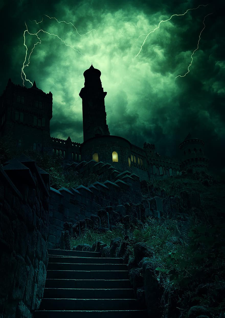 fantazie, hrad, bouřka, rytířský hrad, věž, dramatický, tajemný, zvláštní, atmosféra, osvětlení, ponurý