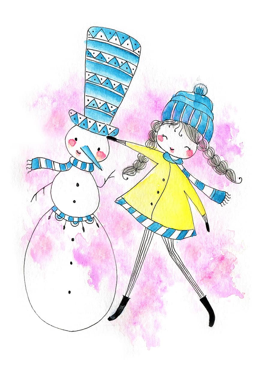 meitene, laimīgs, sniegavīrs, ziemā, sniegs, Ziemassvētki, sieviete, sezonā, brīvdienas, šalle, akvarelis