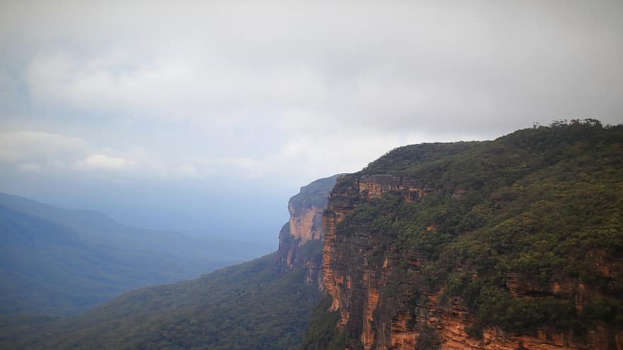 góry, wodospad, drzewa, Las, Klif, Fallworth spada, Sydnej, Australia