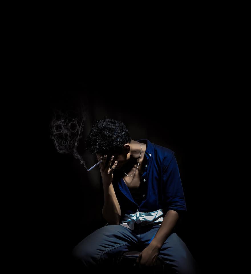 Drugs, Smoking, Skull, Cigarette, Hate, Sad, Lonely, Depression, Alone, men, one person