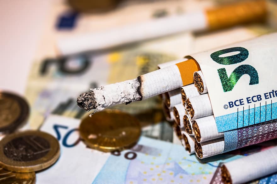 タバコ、紙幣、巻きタバコ、燃えているタバコ、灰、ユーロ紙幣、不健康、有害な、高価な、経費、コールドアッシュ