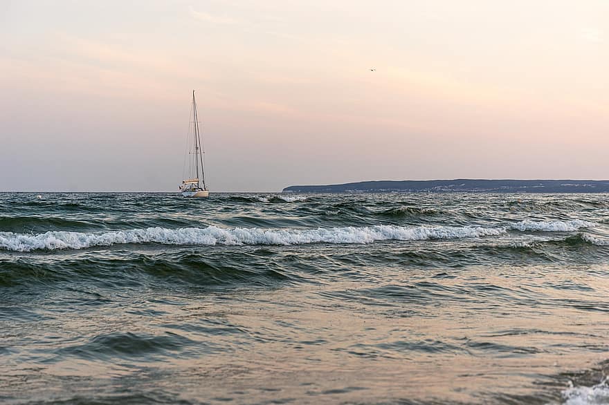 bølger, seilbåt, Strand, solnedgang, hav, seiling, båt, seile, horisont, flo, natur