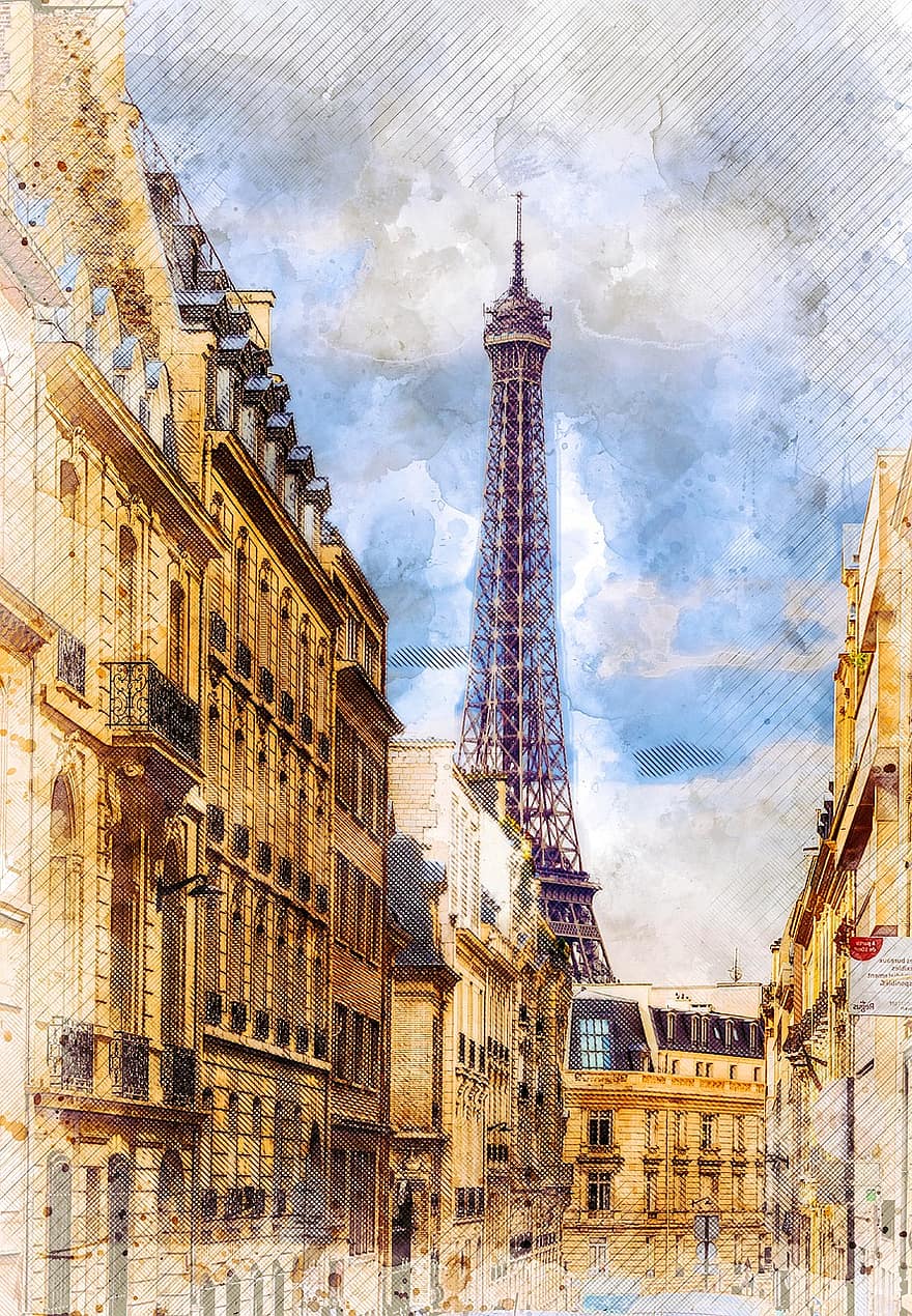 Paris Street com Eiffel Tour, Paris, rua, cena, cidade, arte, desenhando, esboço, urbano, fundo, desenhar