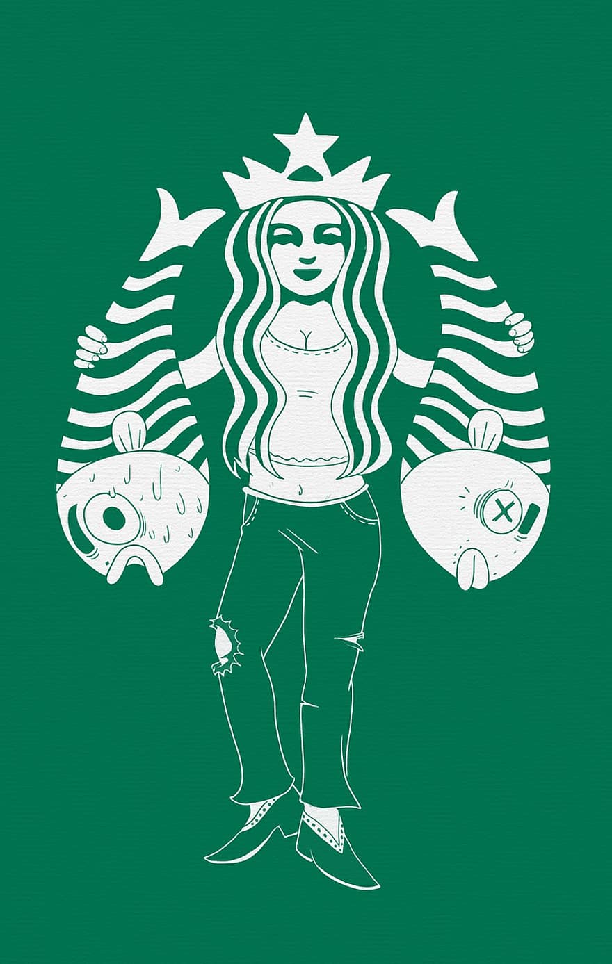 tecknad serie, starbucks, rolig, kaffe, varumärke, fisk, sjöjungfru, logotyp