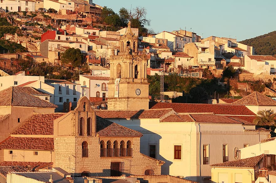 Iglesia, edificios, colina, puesta de sol, España, arquitectura, viaje, turismo, Mediterráneo, andalucia