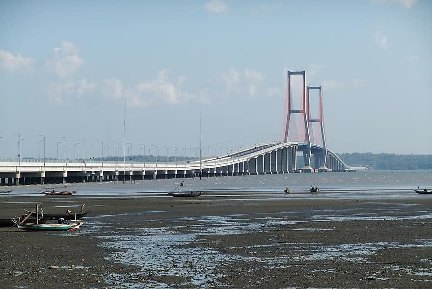 bro, sund, kust, kustlinje, kanalisera, båtar, strukturera, Suramadu-bron, Surabaya–madurabron