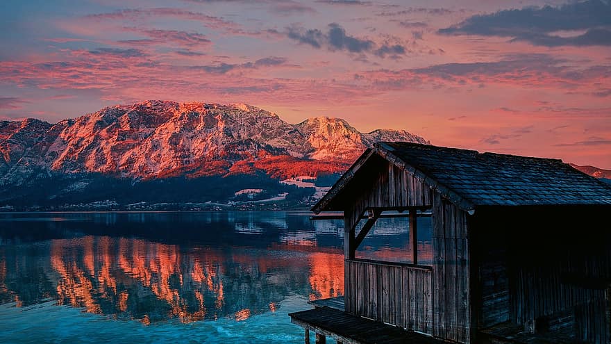 Cabin, Hut, Cottage, Lake, Mountains, Sunset, Reflection, Nature, Berg, Sonnenutergang
