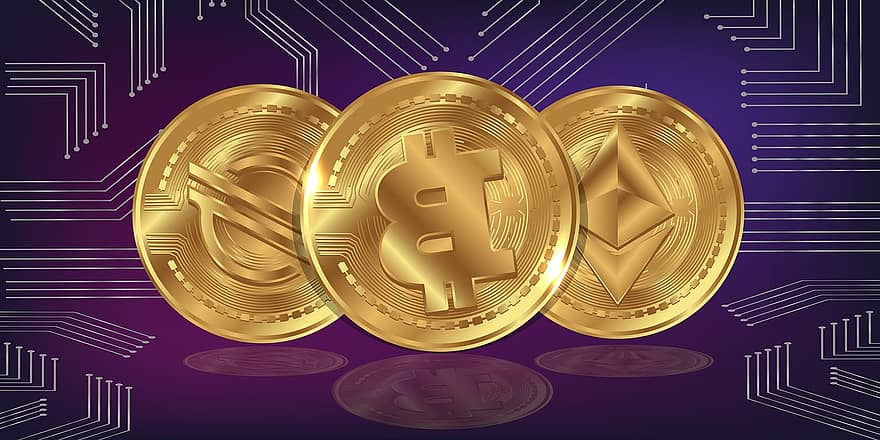 Bitcoin, Ethereum, Stellar, Crypto, Cryptocurrency, Blockchain, Technology, Background, Digital, finance, gold
