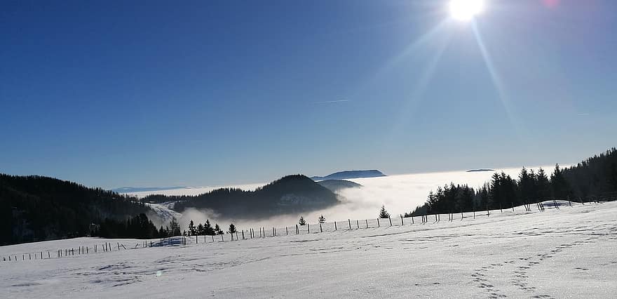 冬、雪、山、風景、太陽、日光、霧、雲海、田舎、雪の吹きだまり、雪道