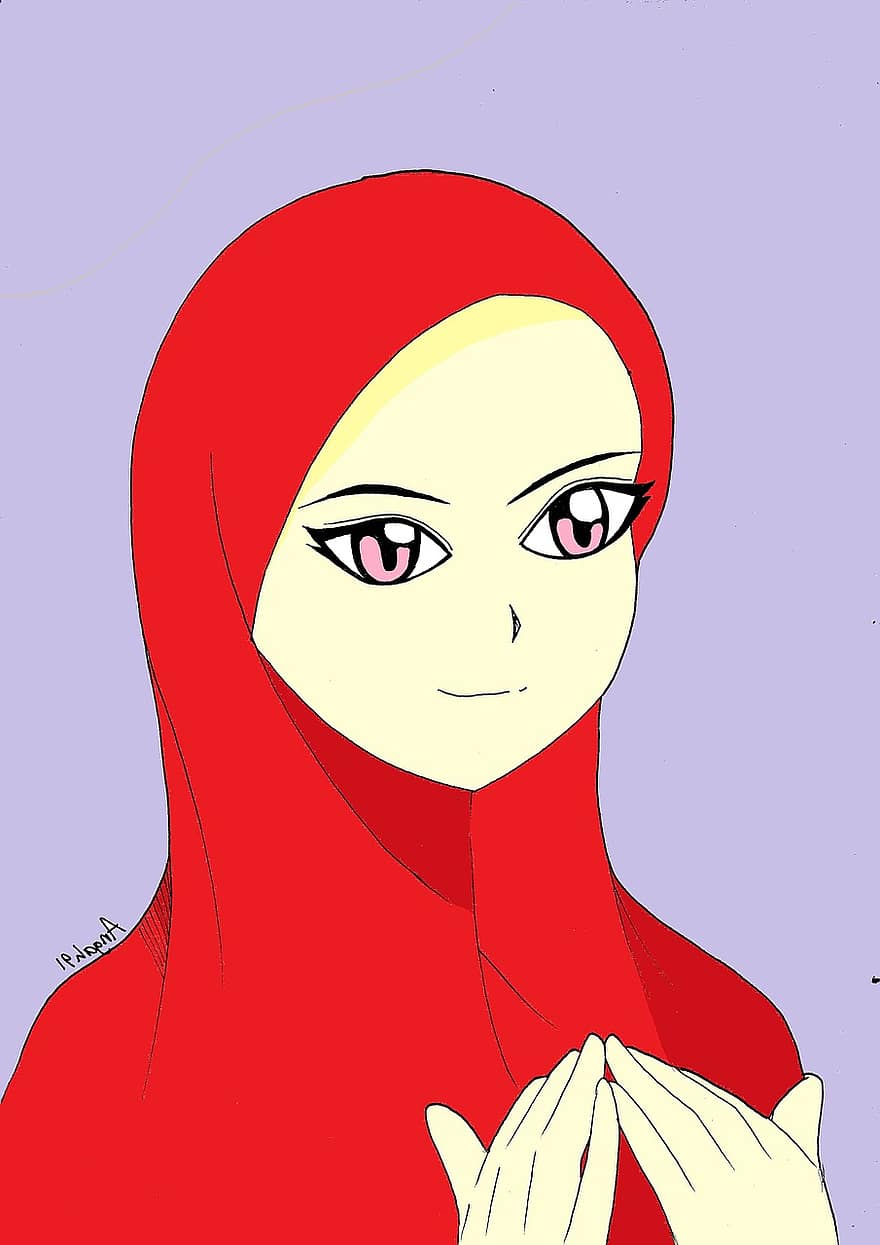 Hoofddoek, Hoofd Rag, hoofddoek, meisje, vrouw, Islam, Arabisch, commissie, manga, tekening