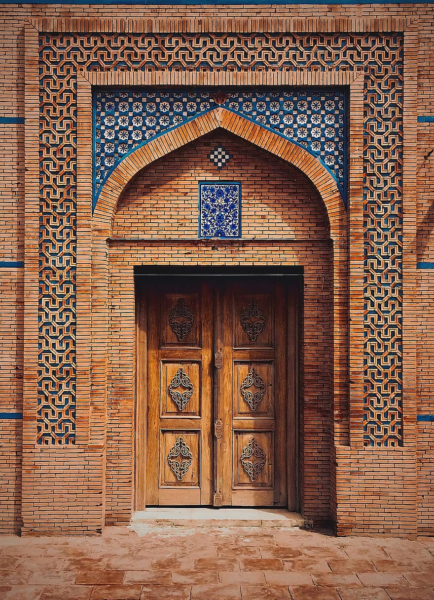 porte, entrée, brique, pierre, mur, modèle, conception, les musulmans, art, en bois