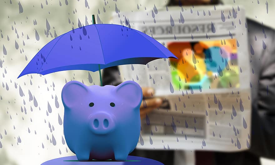 Sparschwein, Ersparnisse, Währung, Regenschirm, Sparen, Regen
