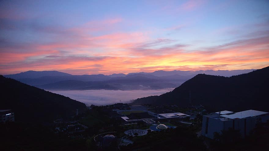 luonto, auringonlasku, ulkona, matkustaa, tutkiminen, Korean tasavalta, Sancheong, vuori, hämärä, maisema, kesä