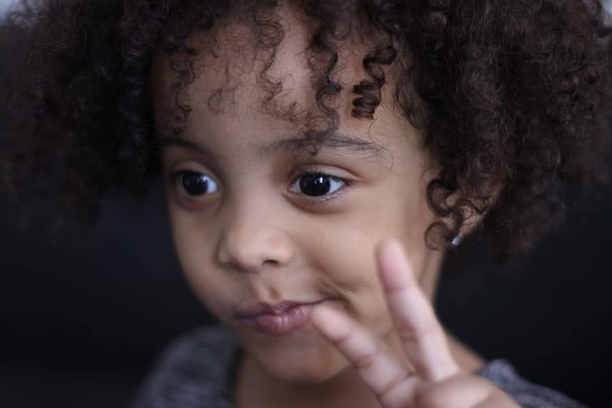 Toddler, Child, Peace Sign, Kid, Curly Hair, Afro, Poc