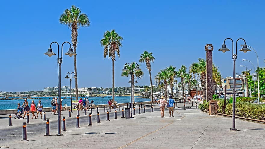 promenade, trottoir, palmbomen, toerisme, reizen, bestemming, paphos, zomer, lantaarn, kustlijn, vakanties