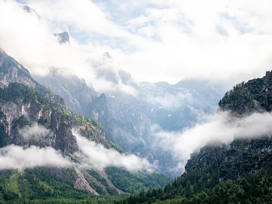 Альмзе, Австрия, туман, Grünau Im Almtal, Зальцкаммергут, горы, Альпы, природа, гора, пейзаж, горная вершина