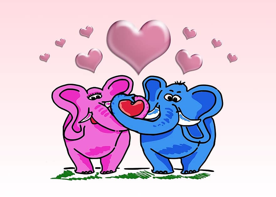 elefant, il·lustració, amor, enamorat, dia de Sant Valentí, parelles, parella, cor, nuvis, colors, dibuix