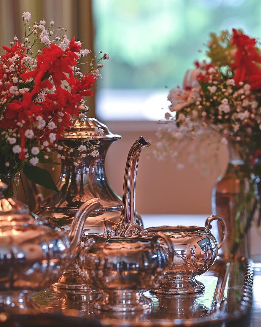чайный набор, столовое серебро, античный, серебряный чайный сервиз, Серебряный чайник