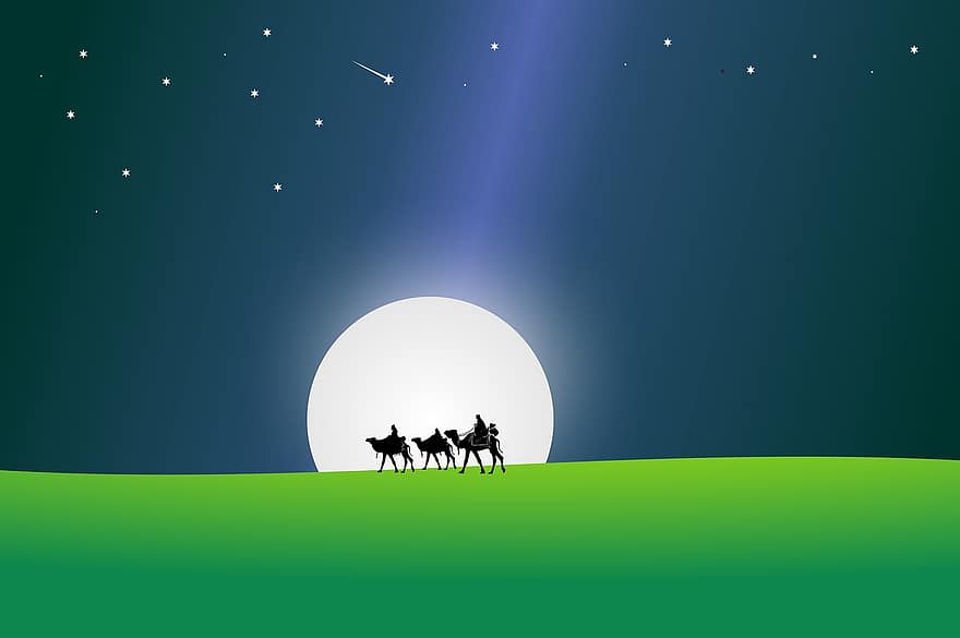 camello, caravana, noche, Luna, luz de la luna, Luna llena, estrellas, estrellado, cielo nocturno, tren de camellos, Navidad
