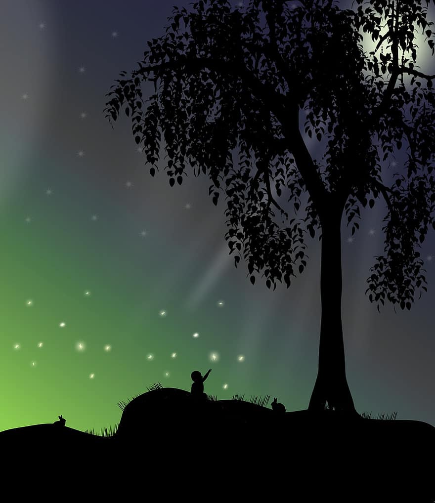 noite, árvore, céu estrelado, ao ar livre, silhueta, ilustração, vetor, por do sol, retroiluminado, panorama, homens