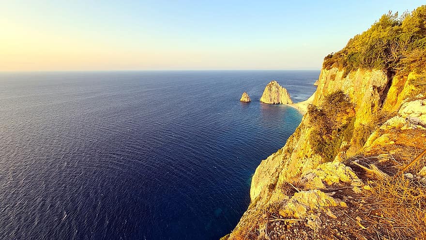 skały, zachód słońca, morze, zakynthos, Grecja, kraj, Klif, linia brzegowa, woda, skała, niebieski