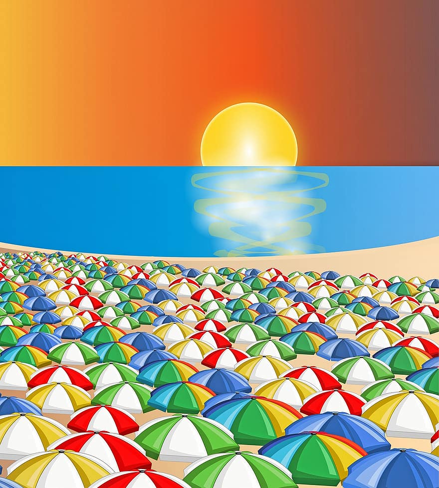 Beach, Umbrella, Sunset, Ocean, Orange Sky, Vacation, Sea, Summer, Sand, Holiday, Sunbathing