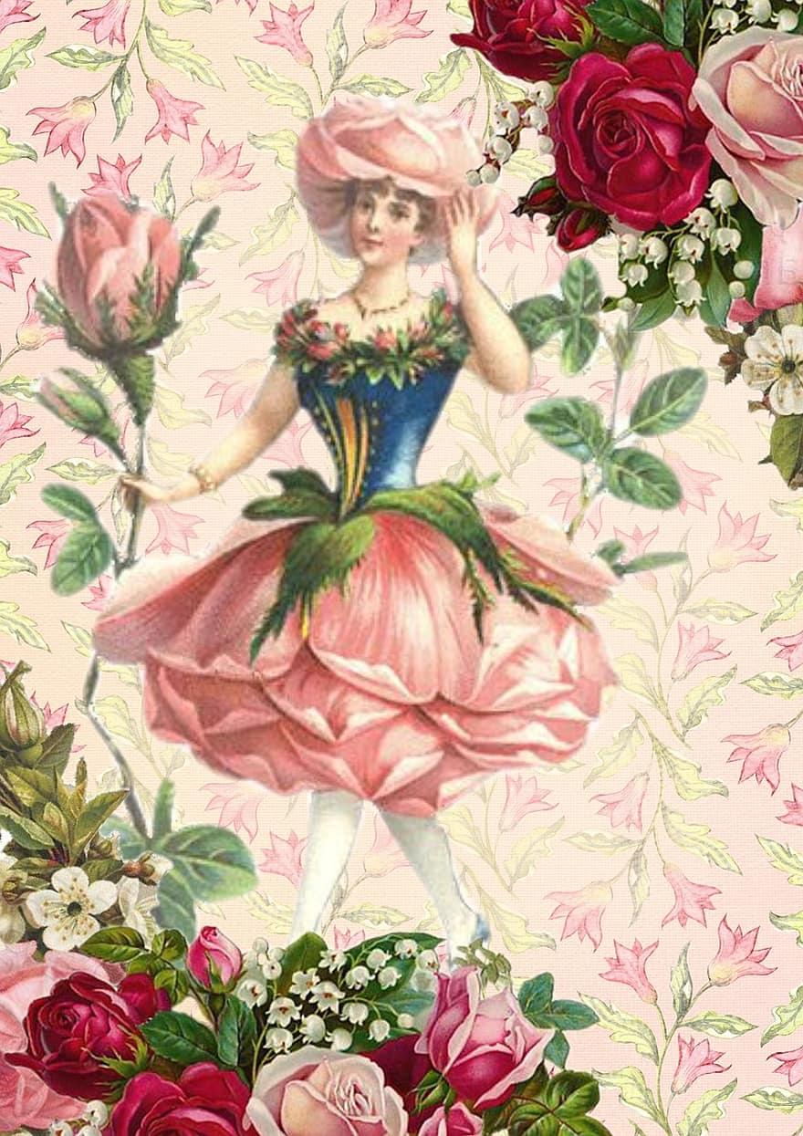 τριαντάφυλλο, νεράιδα, φαντασία, μπουκέτο, κολάζ, φύση, λουλούδι, πράσινος, ροζ, το κόκκινο, decoupage