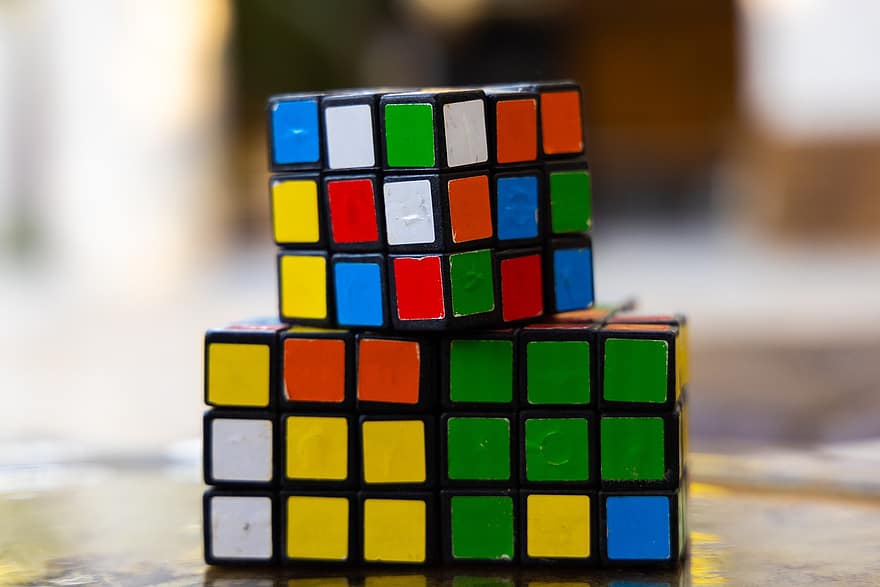 mainan, kubus Rubik, membingungkan, masa kecil, koleksi, makro, masalah, multi-warna, kuning, game rekreasi, menyenangkan