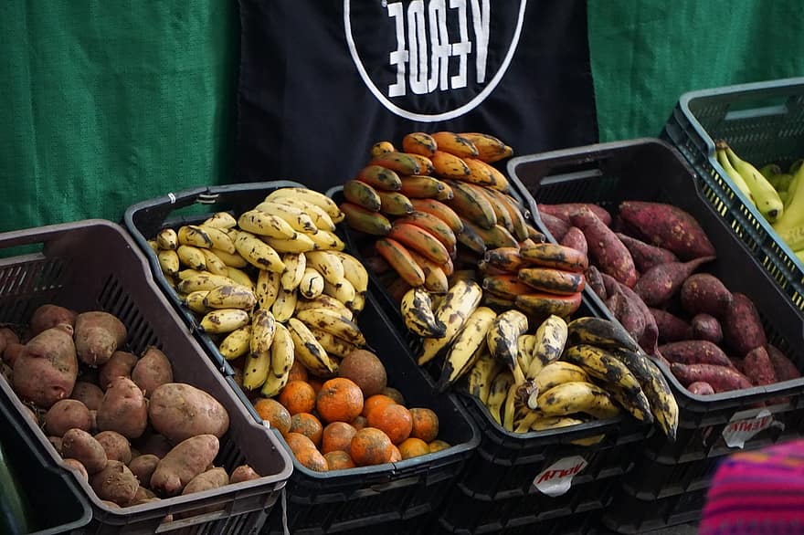 fruita, menjar, orgànic, saludable, plàtan, patates, mercat, frescor, vegetals, alimentació saludable, primer pla