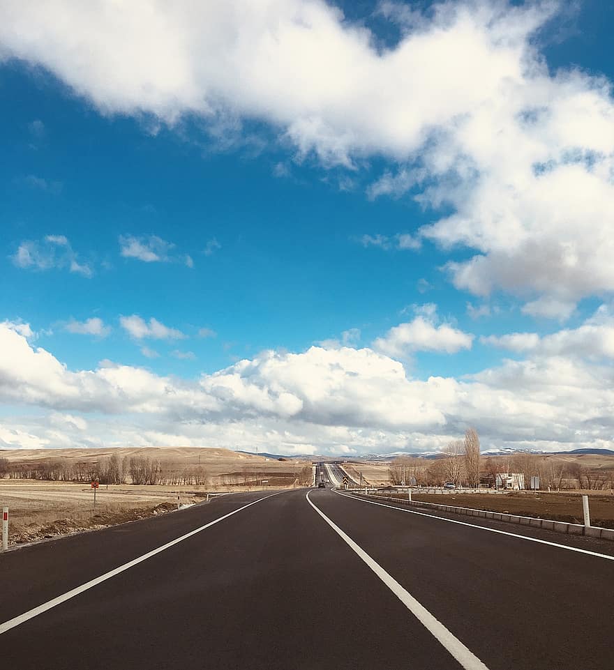 silnice, pole, mraky, nebe, chodník, asfalt, trasa, vozovka, krajina, Saraykent