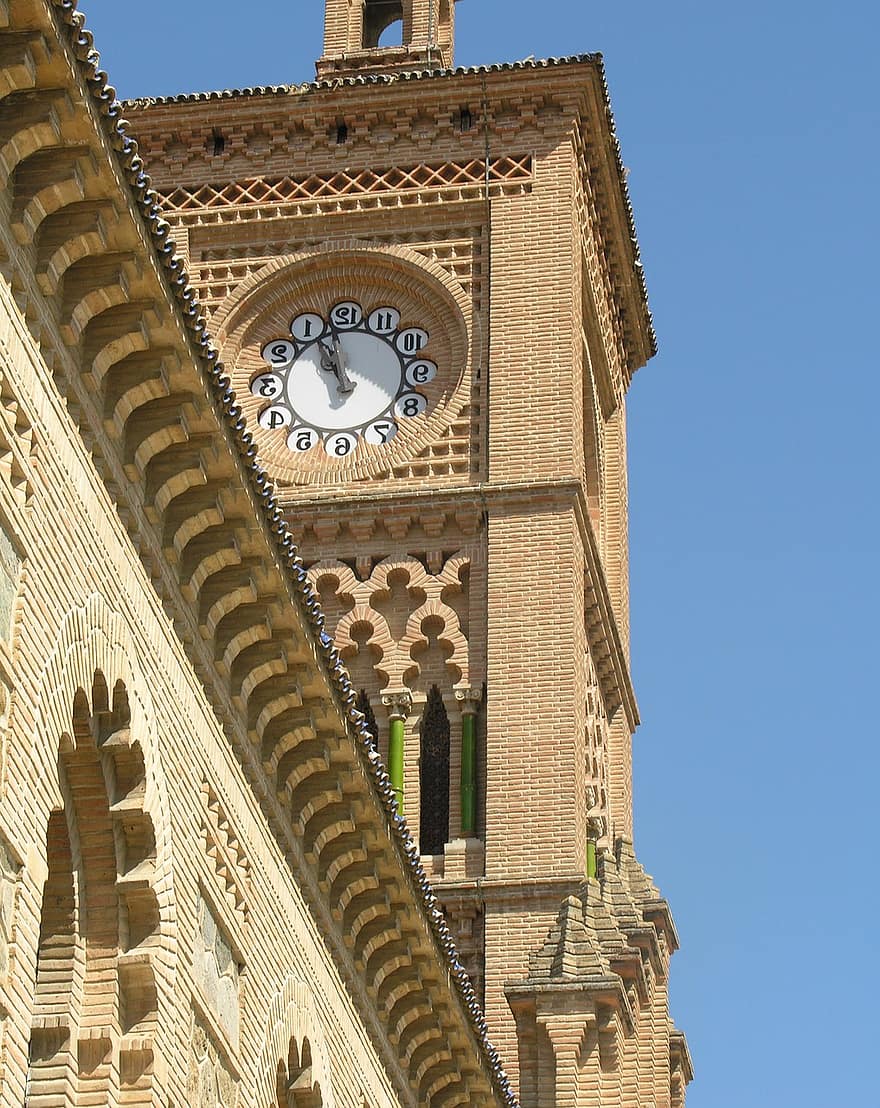 España, Toledo, torre, arquitectura, reloj, hora, construcción, urbano, fachada, entrenar, minutos